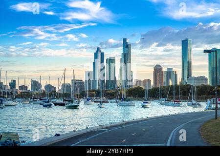 Chicago skyline and lake Michigan sunset view, state of Illinois, USA Stock Photo