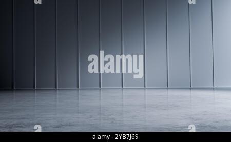 Contemporary empty space with sleek concrete floor and textured panel walls, ideal for product showcasing, minimalist design backdrop with ample room, Stock Photo