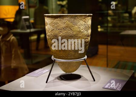 Gyeongju, South Korea - November 11th, 2023: An intricately patterned pot from the Silla dynasty, symbolizing the advanced craftsmanship of ancient Ko Stock Photo