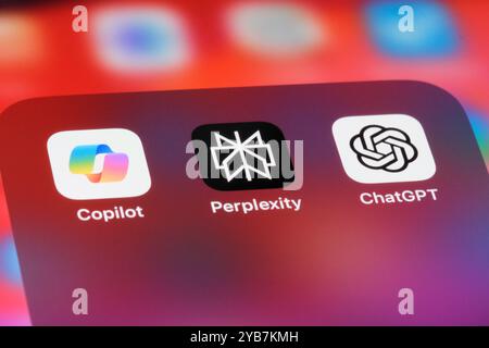 Shanghai,China-March 5th 2024: Perplexity AI, Microsoft Copilot and OpenAI ChatGPT mobile app icons. Assorted AI chatbot apps Stock Photo