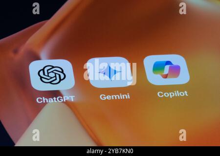 Shanghai,China-Feb.17th 2024: Google Gemini, OpenAI ChatGPT and Microsoft Copilot app icons on screen. Assorted AI mobile apps Stock Photo