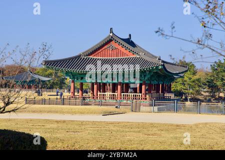 Gyeongju, South Korea - November 11th, 2023: A scenic view of the traditional wooden pavilion at Donggung Palace, standing by the serene waters of Wol Stock Photo