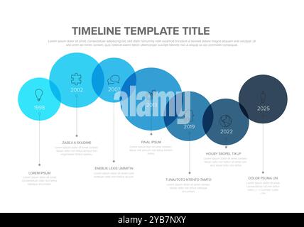 Blue infographic timeline template made from content circles with icons, years and some sample text content. Horizontal time line template Stock Vector