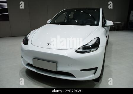 Wuhan,China-May 2nd 2024: Tesla Model Y electric SUV car in store Stock Photo
