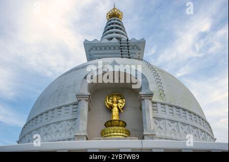 08 25 2008 Vintage Old Life of Buddha in Golden Buddha Statue on Vishwa Shanti Stupa, Rajgir, Bihar, India Asia.. Stock Photo