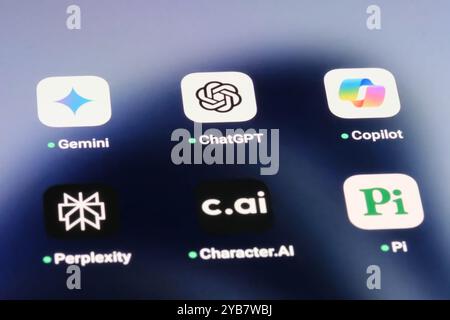 Shanghai,China-May 21st 2024: OpenAI ChatGPT, Google Gemini, Microsoft Copilot, Perplexity AI, character.ai and Inflection AI Pi app icons. Assorted A Stock Photo