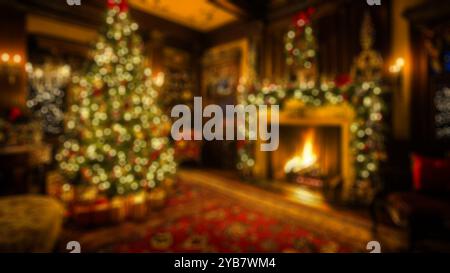 Background of home interior decorated on Christmas holidays, living room with fireplace and Christmas tree at night. Concept of xmas, house, decor. Stock Photo