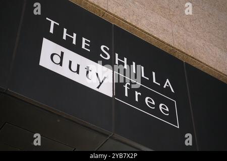 Jeju, South Korea-May 23rd 2024: The Shilla Duty Free Shop logo sign close up Stock Photo