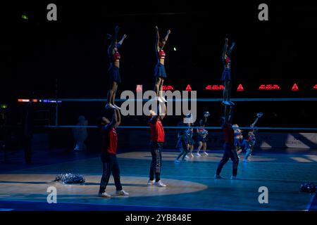 Cheerleaders perform their routine before the opening match of Daido Life SV. League (Japan's premiere volleyball league) between NEC Red Rockets Kawasaki and Saitama Ageo Medics at the Todoroki Arena.Final Score : Kawasaki the Saitama Ageo Medics 3:0 Saitama Ageo Medics. The Daido Life SV. League marks a significant shift in the landscape of Japanese Volleyball, aiming for international prominence. By reorganizing the previous V-League, Daido Life SV. League has set ambitious goals to elevate the quality and recognition of the sport, with aspirations to become the world's premier volleyball Stock Photo