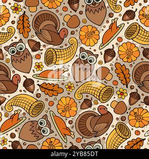 Cartoon cute hand drawn Thanksgiving seamless pattern. Colorful detailed, with lots of objects background. Endless funny vector illustration. Bright c Stock Vector