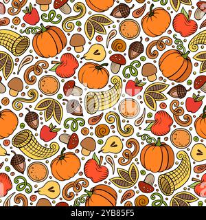 Cartoon cute hand drawn Thanksgiving seamless pattern. Colorful detailed, with lots of objects background. Endless funny vector illustration. Bright c Stock Vector