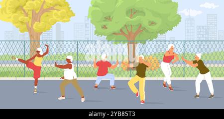 Mature people doing tai chi exercises in park vector illustration Stock Vector
