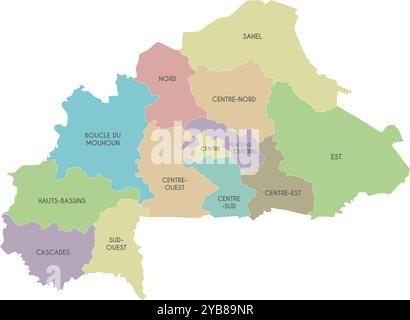 Vector map of Burkina Faso with regions or territories and administrative divisions. Editable and clearly labeled layers. Stock Vector