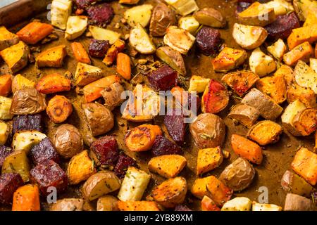 Homemade Healthy Autumn Roasted Root Vegetables with Potatoes and Carrots Stock Photo