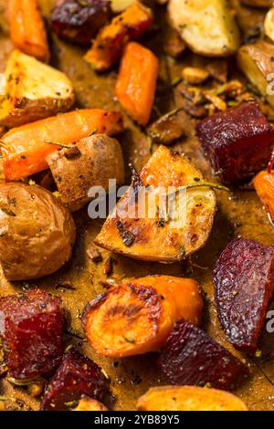Homemade Healthy Autumn Roasted Root Vegetables with Potatoes and Carrots Stock Photo