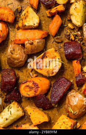 Homemade Healthy Autumn Roasted Root Vegetables with Potatoes and Carrots Stock Photo