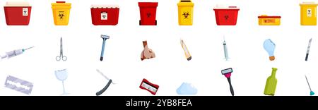 Sharps container icons set. Set of different objects and containers used for medical waste disposal, representing the concept of infection risk Stock Vector