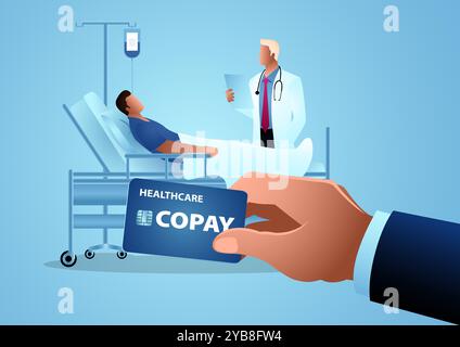 Vector illustration of a doctor visiting a patient, with a hand holding a copay card prominently in the foreground. Healthcare insurance concept. Stock Vector