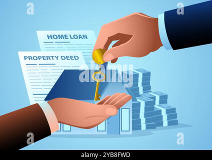 Hand giving a golden key to another hand, set against a backdrop featuring a house, money stack, property deed, and home loan papers Stock Vector