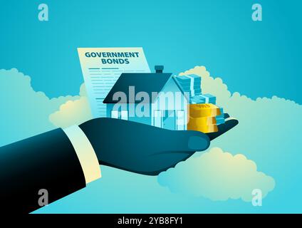 Hand holding a house, gold bars, money stack, and government bonds on clouds, symbolizing the concept of a safe haven. Ideal for financial, investment Stock Vector