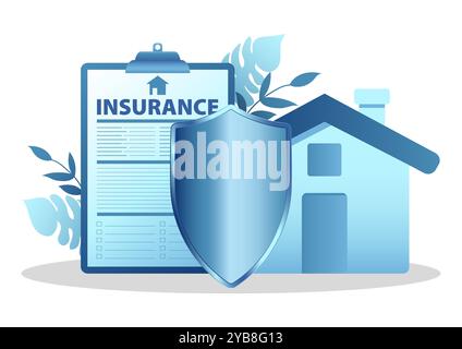 Shield with a house icon and home insurance document in the foreground. Concepts of home protection, insurance policies, and financial security Stock Vector