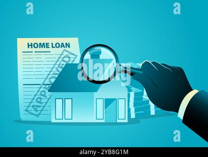 Hand holding a magnifying glass to examines a house, with a money stack and home loan approved document in the background Stock Vector