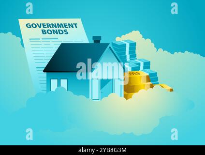 Illustration of a house, gold bars, money stack, and government bonds on clouds, symbolizing the concept of a safe haven Stock Vector