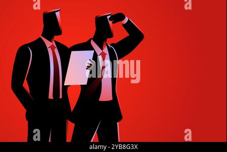 Businessman shading his eyes with his hand to see into the distance while his colleague reads data. Ideal for illustrating vision, strategic planning Stock Vector