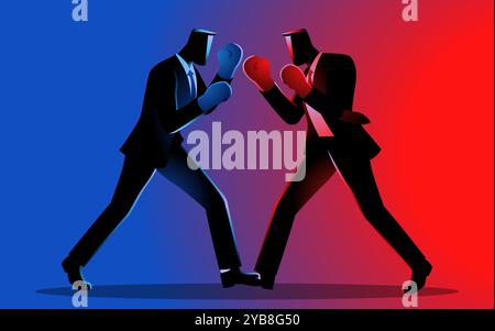 Two businessmen facing off as boxers, symbolizing competition, rivalry, and strategic battles in the corporate world Stock Vector