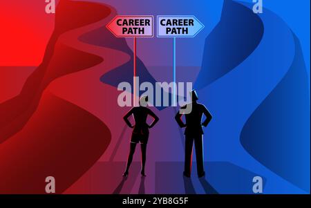 Fork in the road labeled Career Path. The road for women is depicted as winding and challenging, while the road for men appears smooth and direct Stock Vector