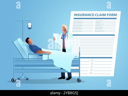 Vector illustration showing a doctor attending to a patient, with an insurance claim form in the background. Ideal for projects related to healthcare Stock Vector