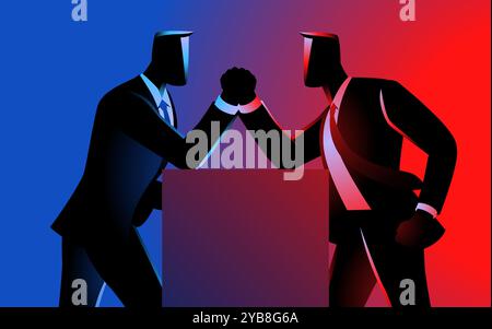 Vector illustration of two businessmen engaged in a hand wrestling match, symbolizing competition, rivalry, power struggles, competitive environments, Stock Vector