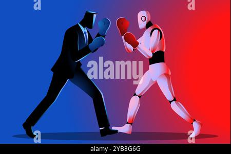Businessmen facing off against a robot in a boxing match, captures the growing competition between humans and artificial intelligence Stock Vector