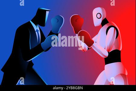Businessmen facing off against a robot in a boxing match, Ideal for technology themed projects, captures the growing competition between humans and ar Stock Vector