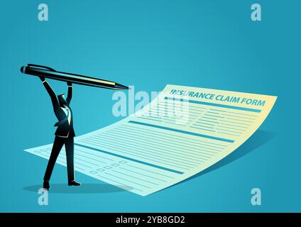 Businessman holding a giant pen to fill out an insurance claim form Stock Vector
