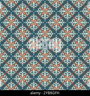 Ceramic Tile Pattern Vintage. Mediterranean porcelain pottery. Ethnic folk ornament. Mexican talavera, portuguese azulejo Stock Vector