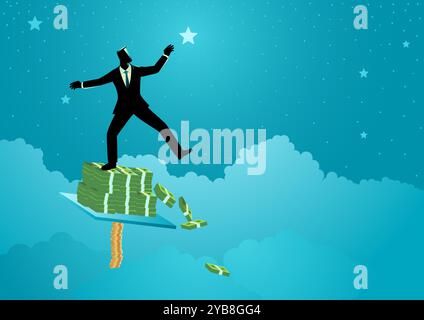 Businessman striving to reach the stars while balancing precariously on a stack of banknotes, supported by fragile coins. Represents ambition, Icarus Stock Vector