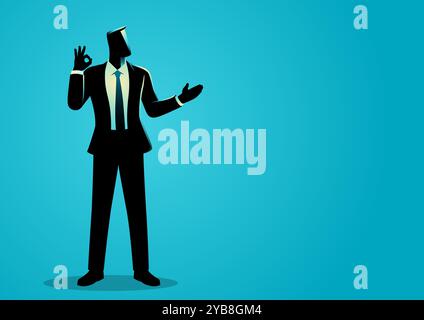 Confident businessman posing with an okay sign in his right hand while presenting with his left. Ideal for business presentations, corporate websites, Stock Vector
