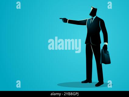 Confident businessman pointing forward while holding a briefcase, symbolizing leadership, direction, and ambition. Stock Vector