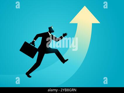 Businessman climbing a rising arrow, symbolizing personal growth, career advancement, self-improvement, motivation and success. Stock Vector