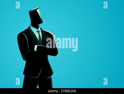 Vector illustration of a businessman standing confidently with his arms crossed, one third composition with copyspace Stock Vector