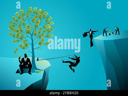 Businessman comfortably sitting with money under a money tree, while other businessmen struggle to reach him across a chasm using a rope, income gap. Stock Vector