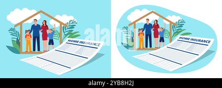 Cartoon illustration of a happy family inside a house icon, with a large document labeled Home Insurance in front. Stock Vector