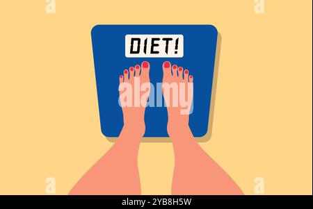 Cartoon illustration showing a woman’s feet on a scale with the word DIET displayed. Ideal for health, wellness, and weight loss. Stock Vector