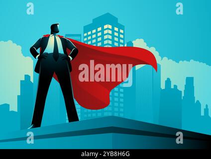 Confident businessman standing tall on a building, wearing a red cape like a superhero. The skyscrapers in the background symbolize success & ambition Stock Vector