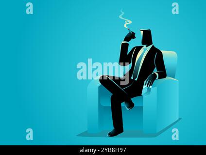 Businessman seated comfortably on a sofa, enjoying a cigar and holding a stack of cash. This image symbolize confidence and luxury. Stock Vector