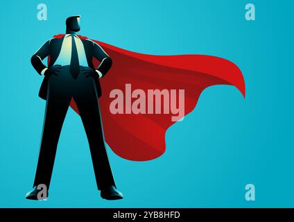 Confident businessman as superhero with red cape standing tall with hands on hips. Concepts of authority, strength, and leadership. Stock Vector