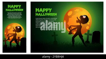 Zombie walking through a cemetery under a full moon, perfect for Halloween themed designs. Ideal for spooky greeting cards, party invitations, and dig Stock Vector
