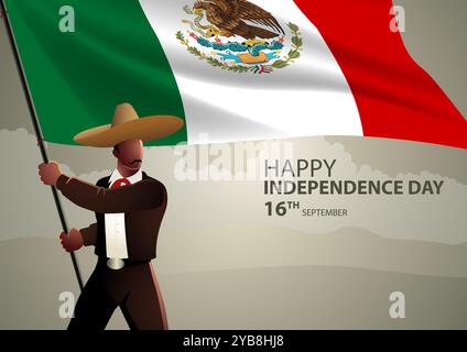 Mexican man wearing traditional Mexican clothes holding the flag of Mexico, independence day, vector illustration Stock Vector