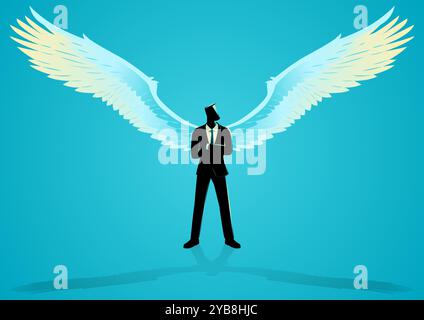 Businessman with angelic wings, standing confidently with arms crossed. Symbolizing ethical leadership, integrity, and moral guidance in business Stock Vector